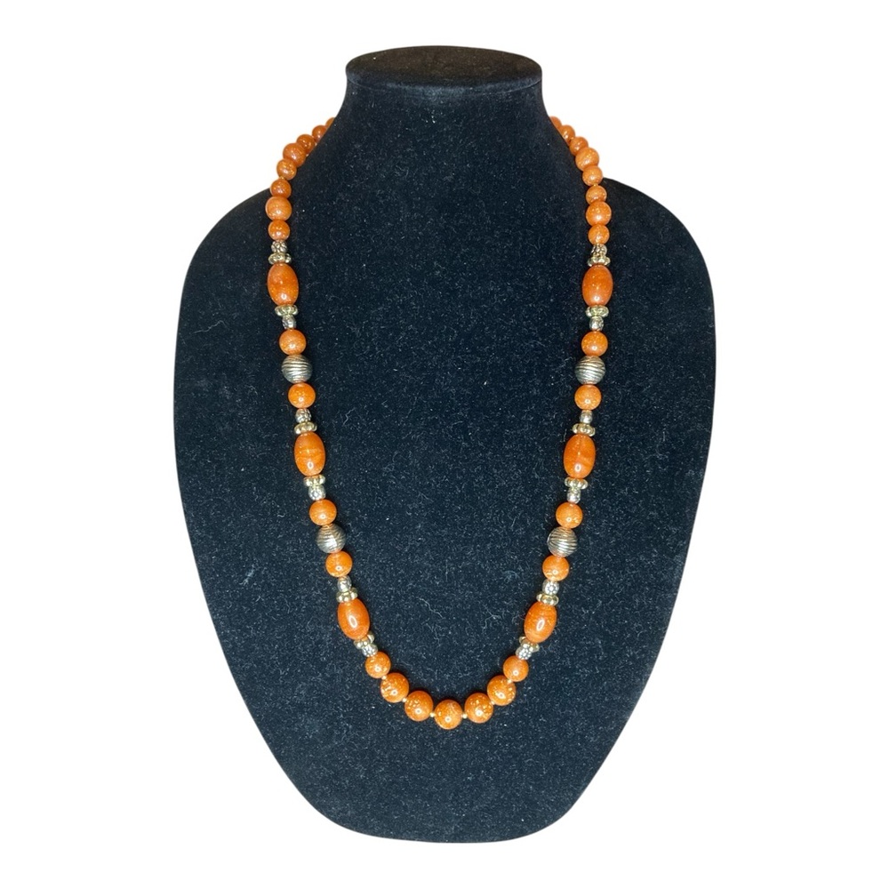 VINTAGE Orange & Silver Tone Beaded Costume Necklace - 30”